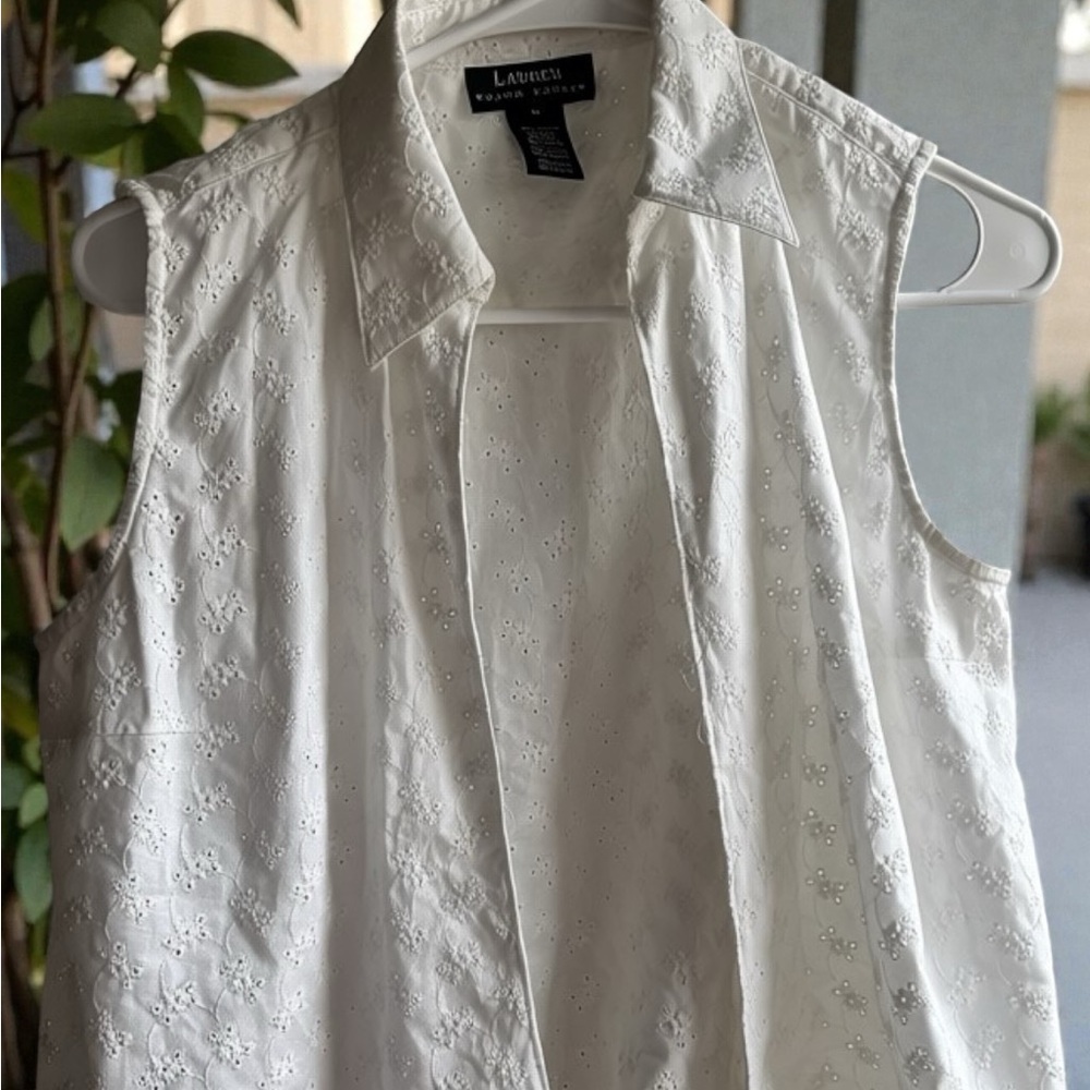 🤍 PRETTY LIL’ SLEEVELESS TIE-WAIST EYELET COTTON SHIRT 🤍 NWT 💚